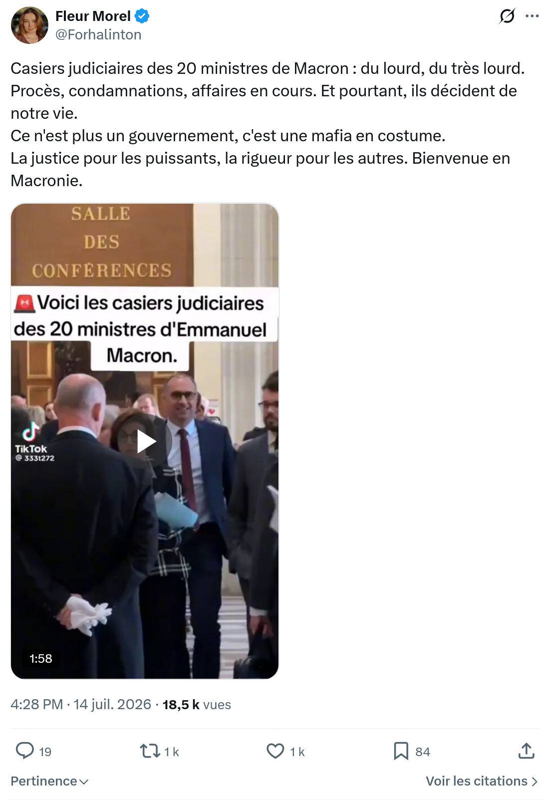 Fleur Morel: Casiers judiciaires des 20 ministres de Macron...