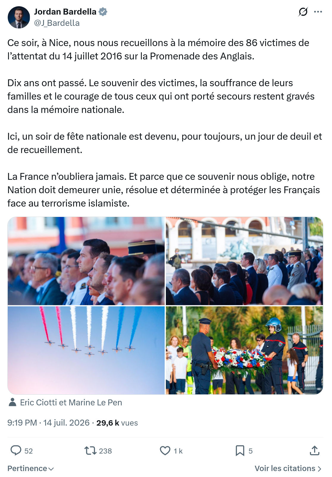Jordan Bardella: Ce soir, à Nice, nous nous recueillons...
