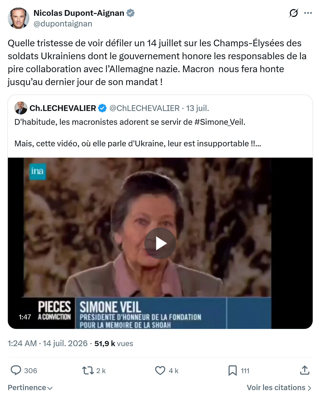 Nicolas Dupont-Aignan: Quelle tristesse de voir défiler...