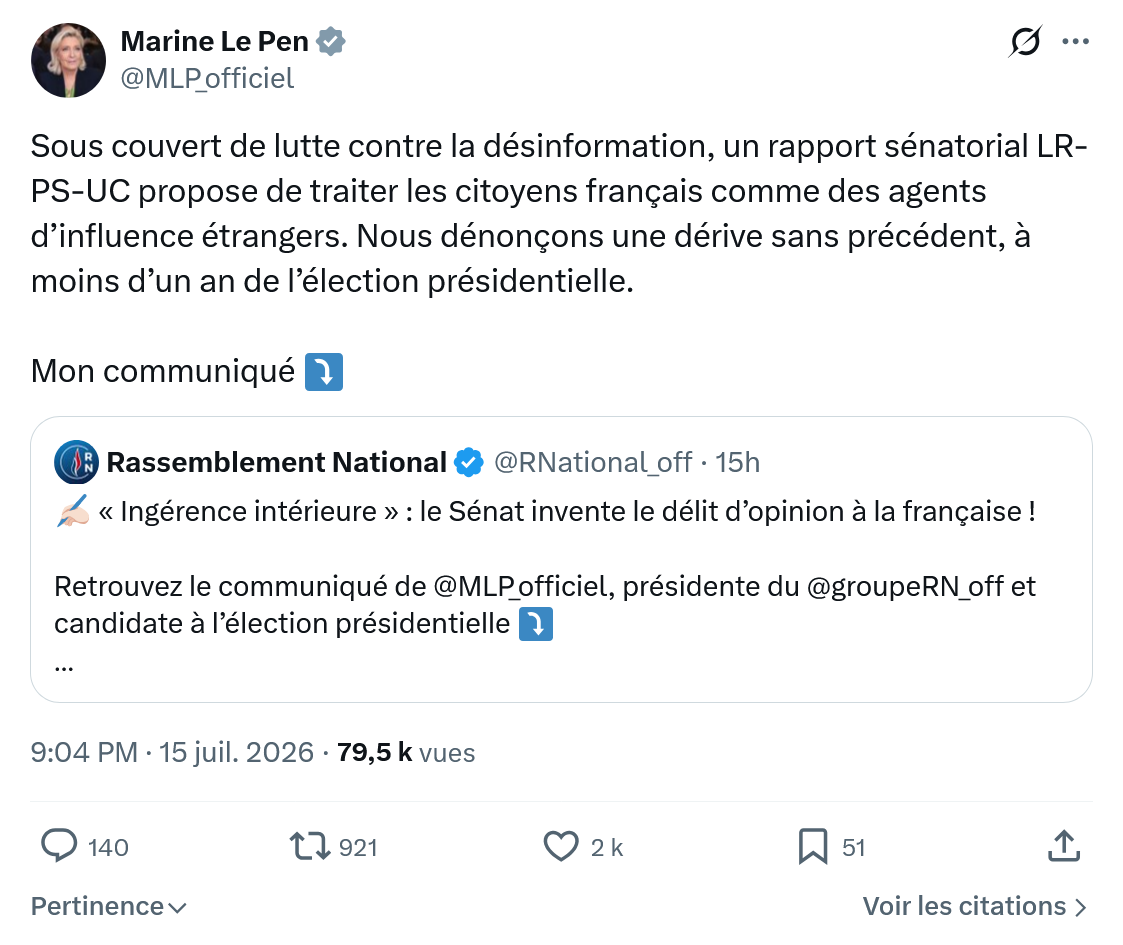 Marine Le Pen: Sous couvert de lutte contre...