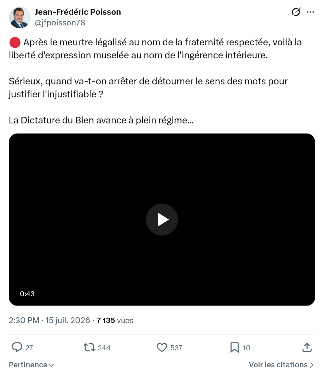 Jean-Frédéric Poisson: Après le meurtre légalisé au nom...