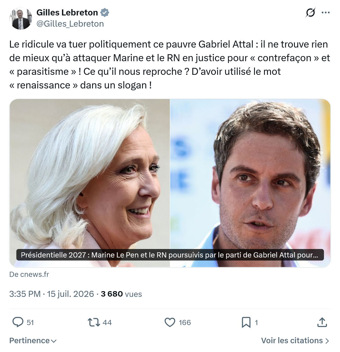 Gilles Lebreton: Le ridicule va tuer politiquement...