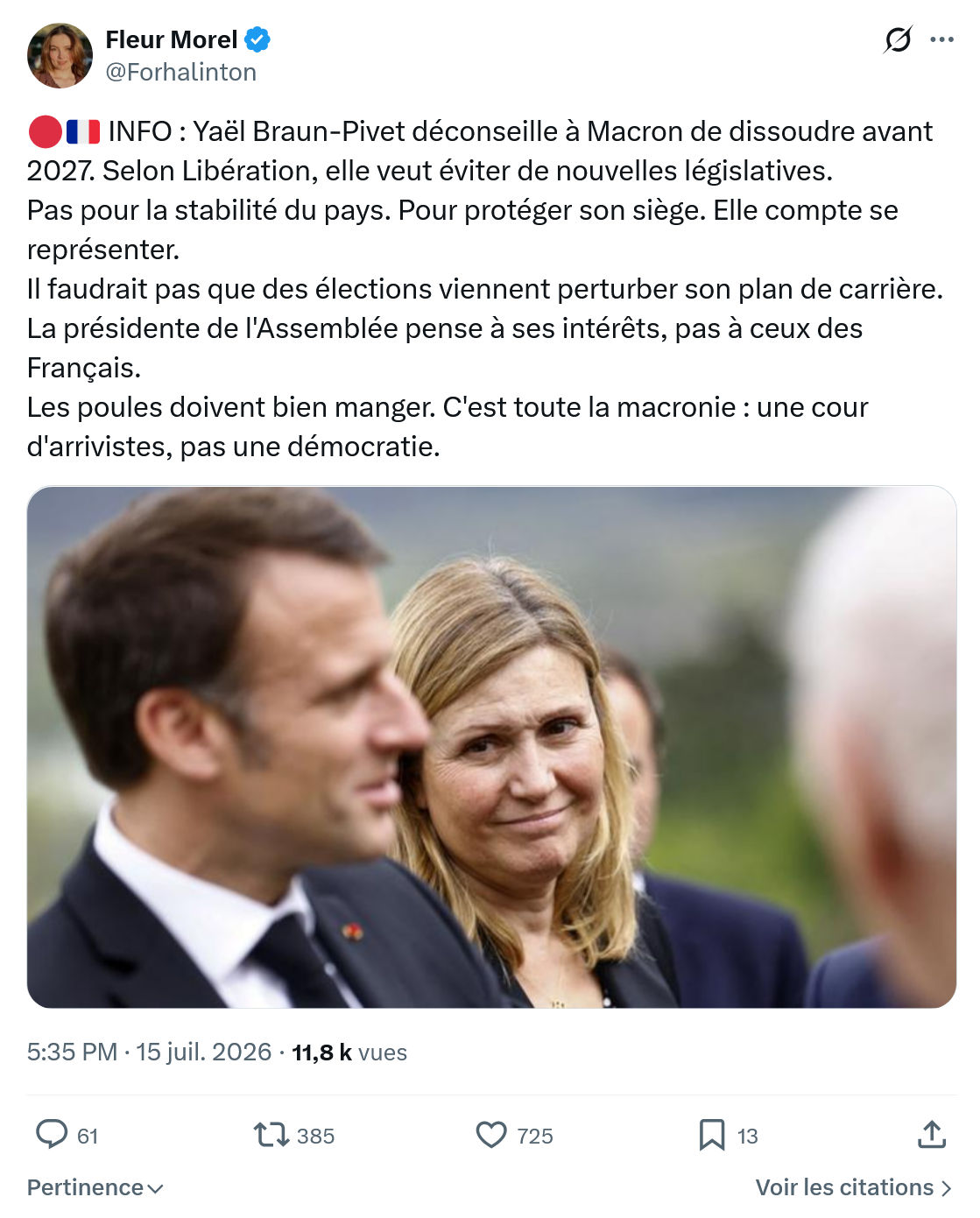La Baronne: INFO : Yaël Braun-Pivet déconseille à Macron...