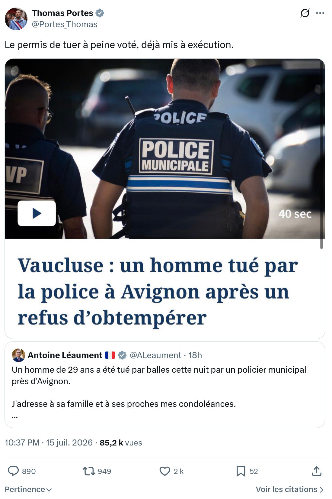 Thomas Portes: Le permis de tuer à peine voté...