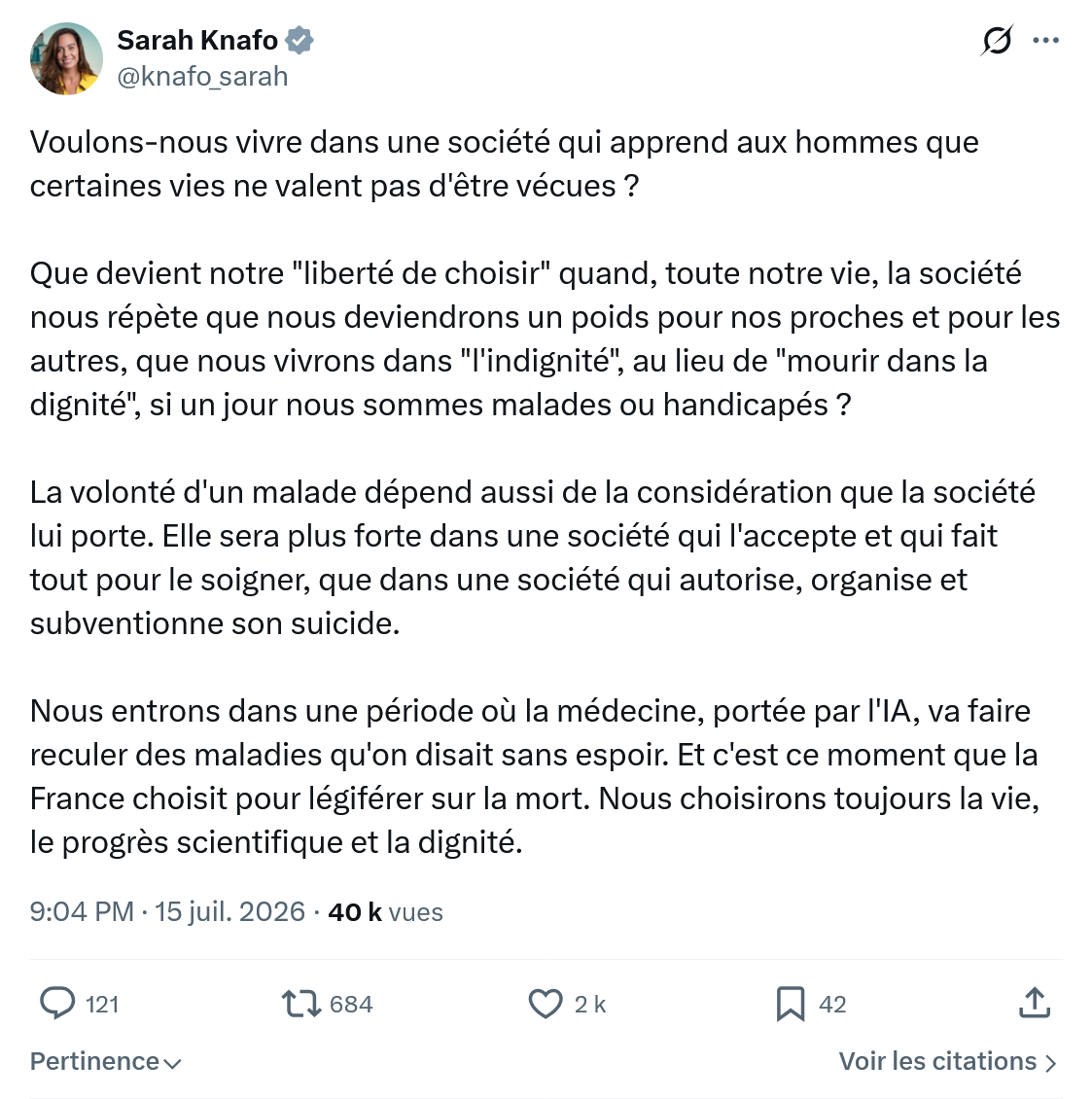 Sarah Knafo: Voulons-nous vivre dans une société...