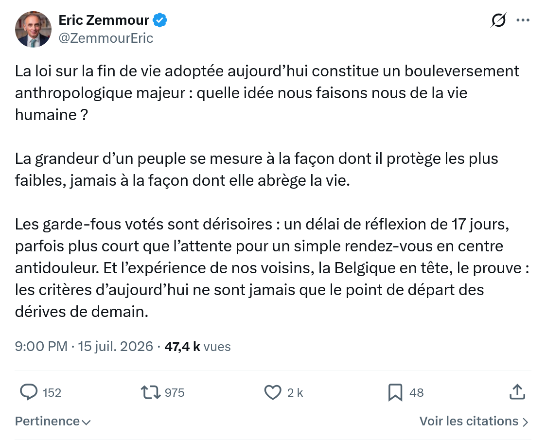 Eric Zemmour: La loi sur la fin de vie adoptée...