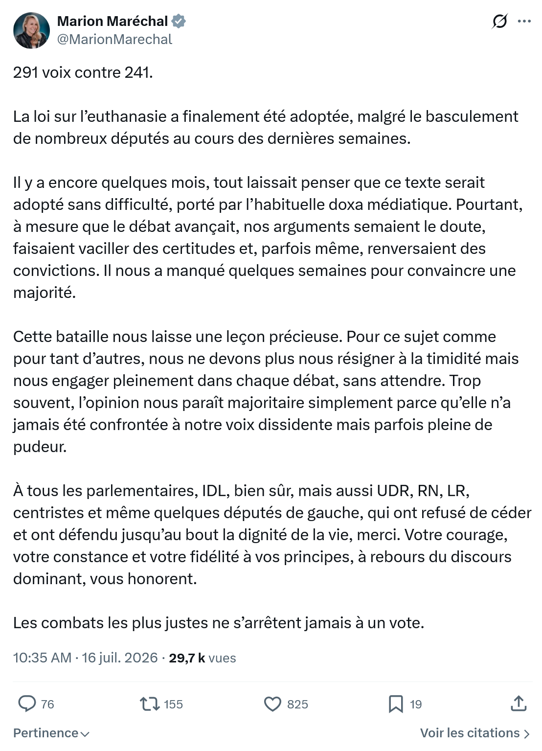 Marion Maréchal- Le Pen: 291 voix contre 241...