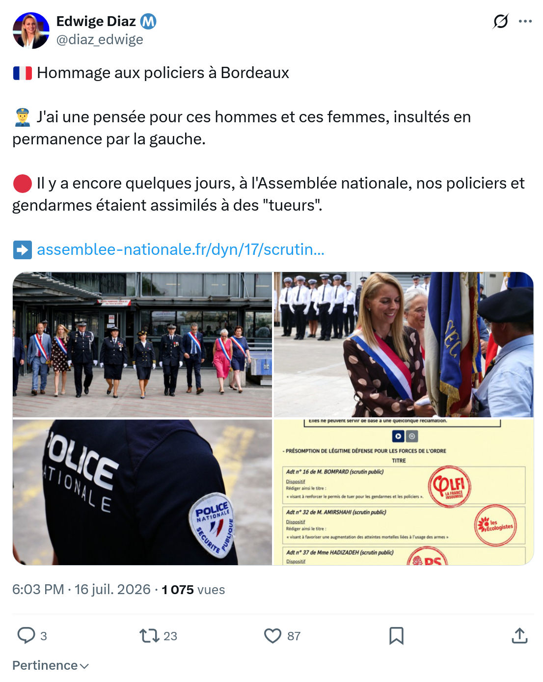 Edwige Diaz: Hommage aux policiers à Bordeaux...