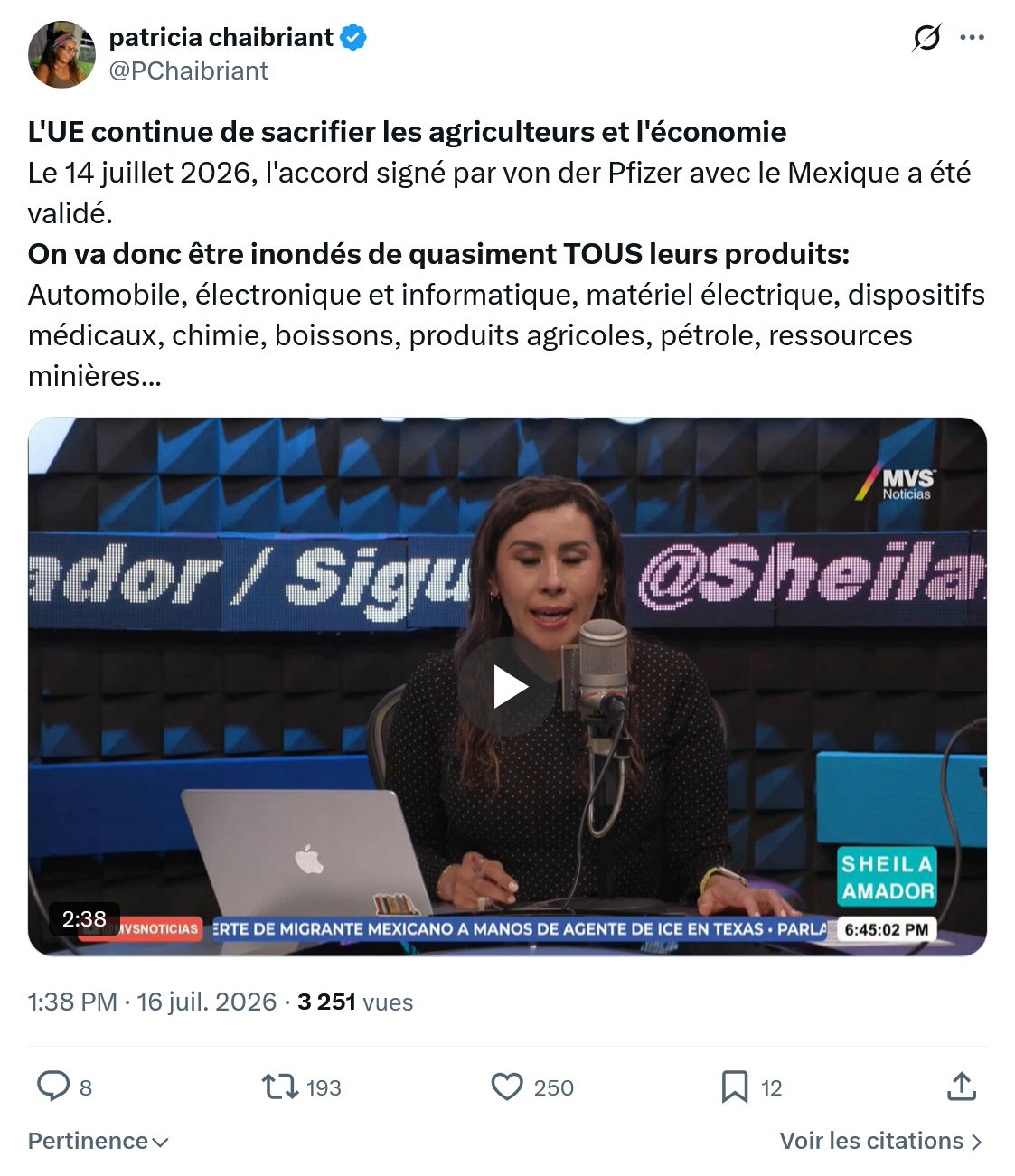 Patricia Chaibriant: L'UE continue de sacrifier...