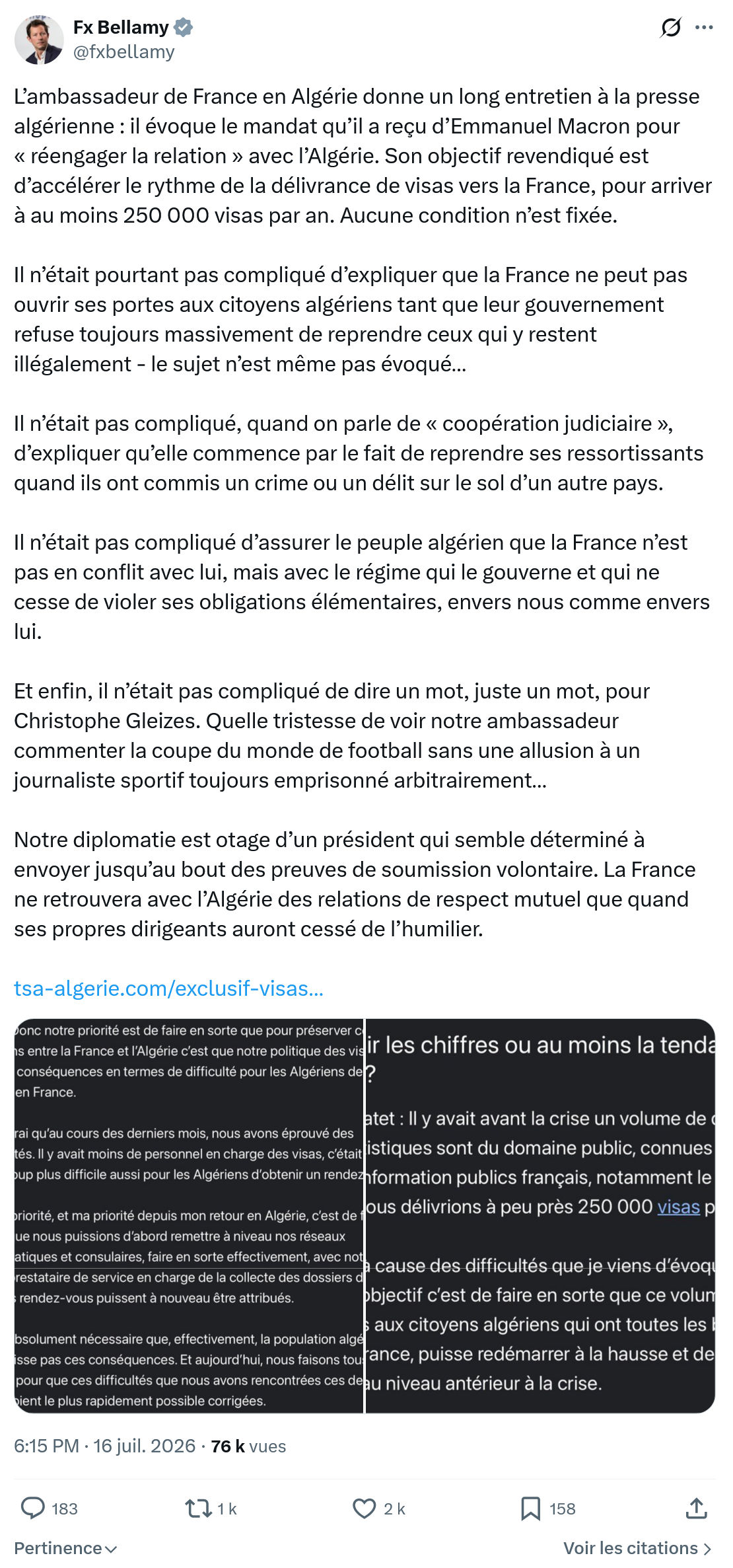 Fx Bellamy: L’ambassadeur de France en Algérie...