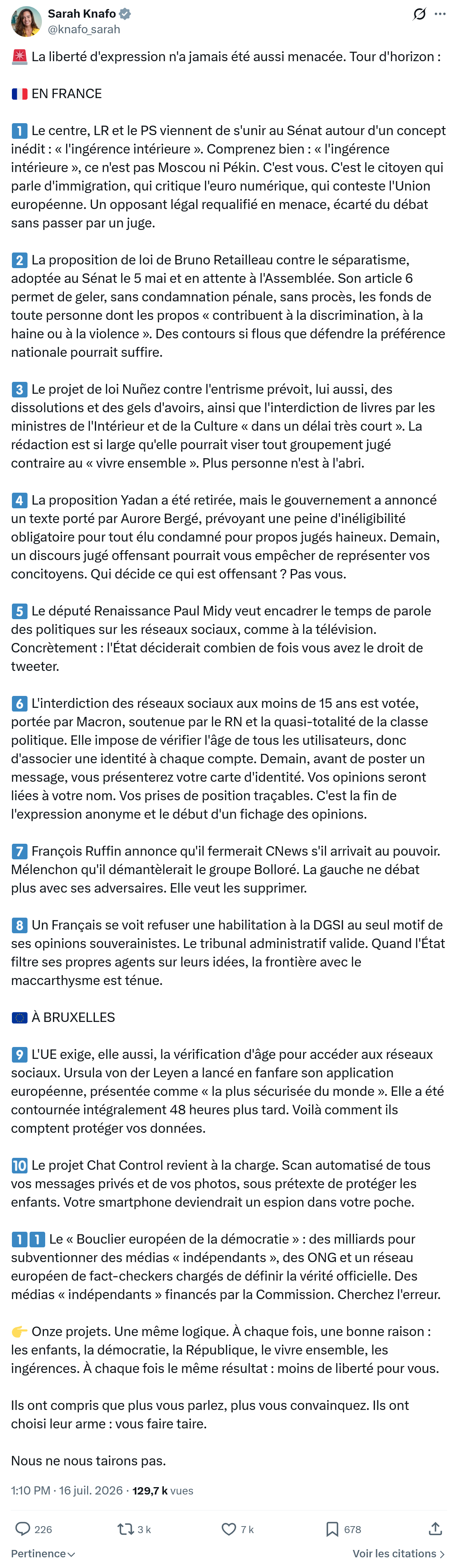 Sarah Knafo: La liberté d'expression n'a jamais...