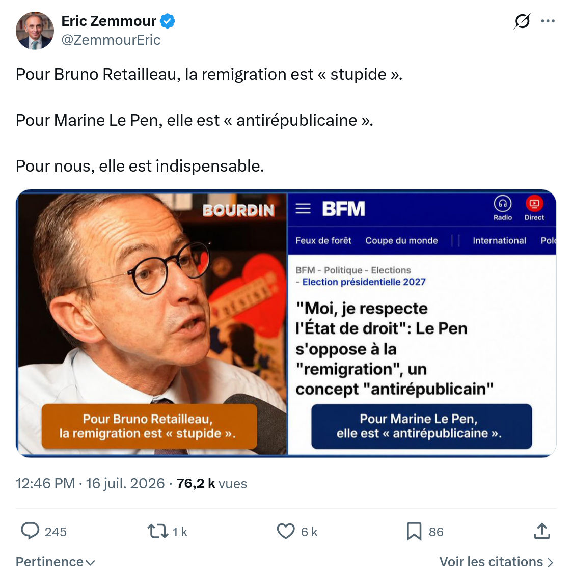 Eric Zemmour: Pour Bruno Retailleau...