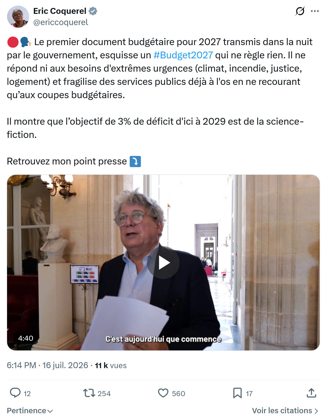 Eric Coquerel: Le premier document budgétaire pour 2027...