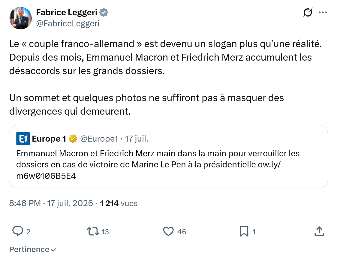 Fabrice Leggeri: Le « couple franco-allemand » est devenu...