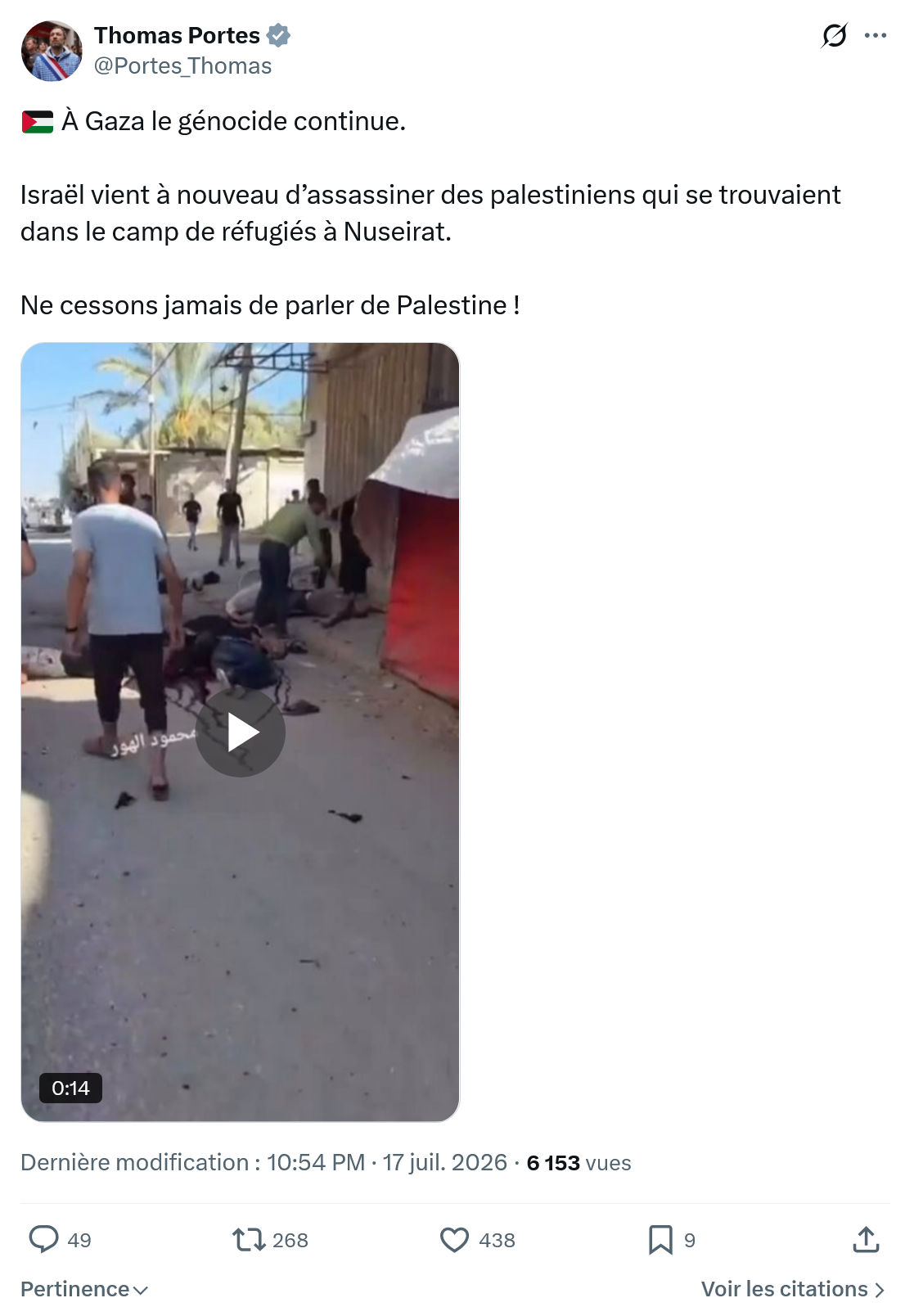 Thomas Portes: À Gaza le génocide continue...