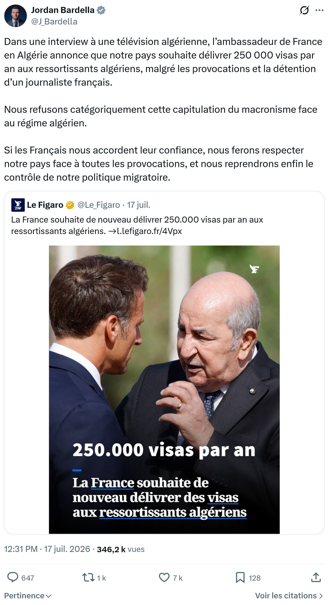 Jordan Bardella: Dans une interview à une télévision algérienne...