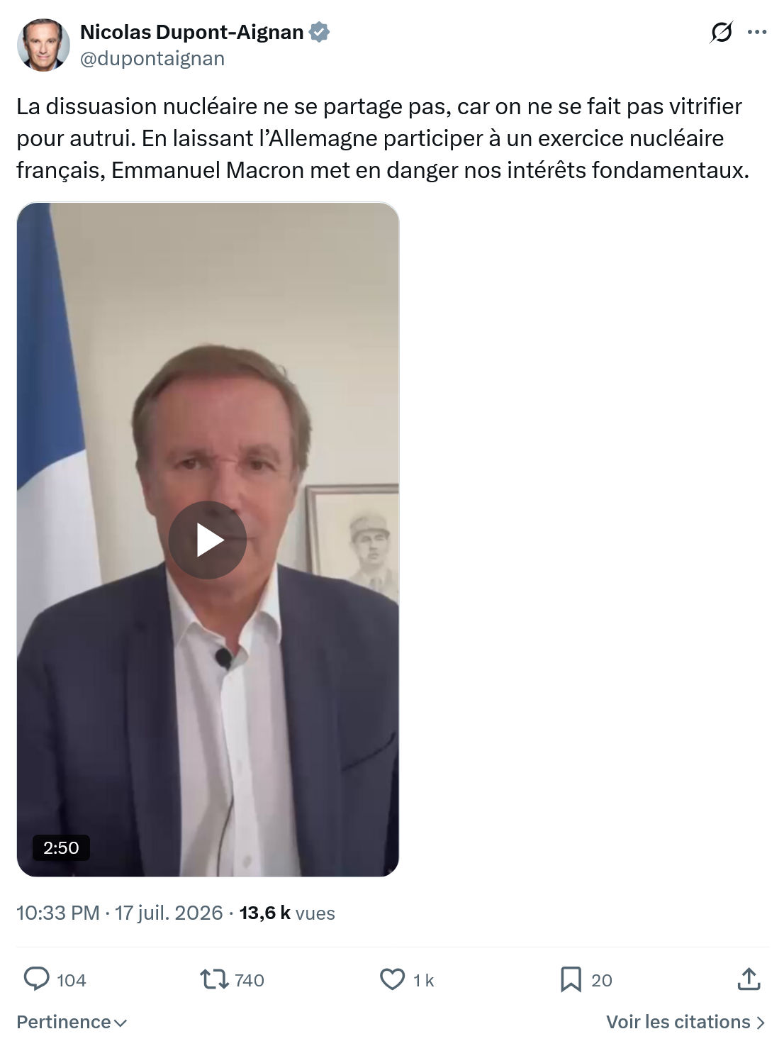 Nicolas Dupont-Aignan: La dissuasion nucléaire ne se partage pas...