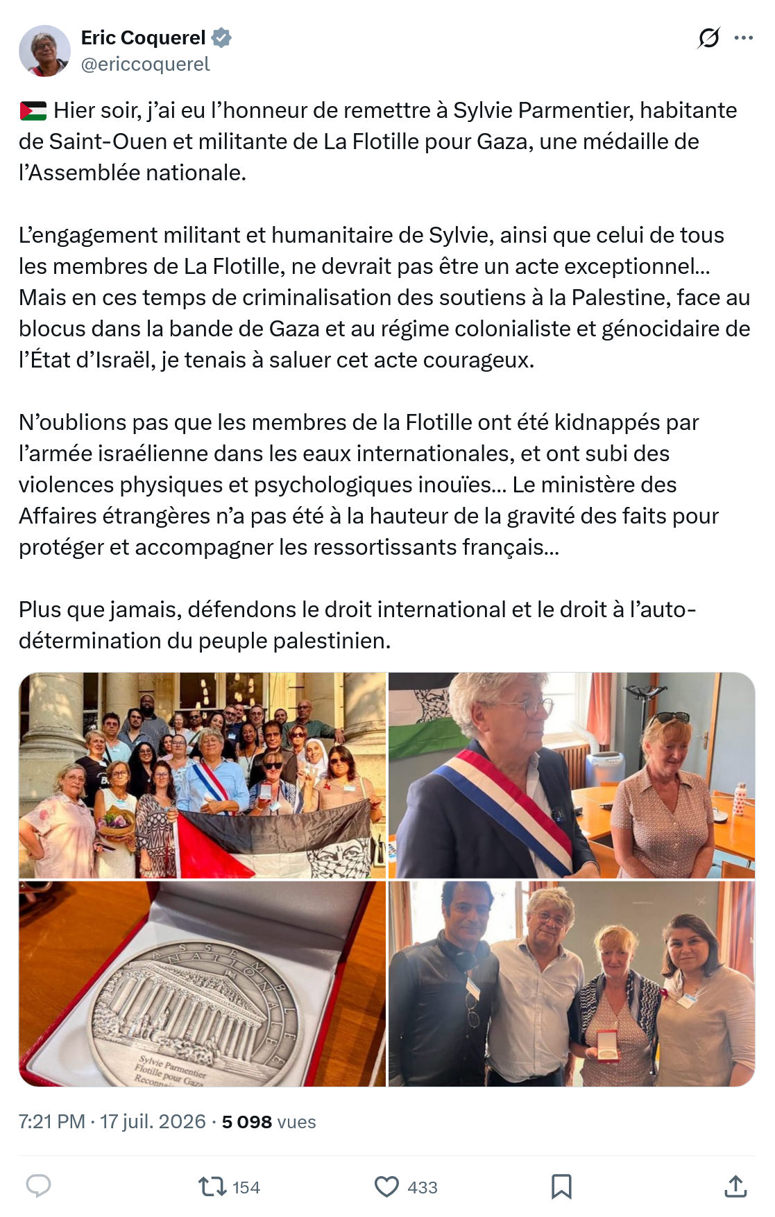 Eric Coquerel: Hier soir, j’ai eu l’honneur de remettre à Sylvie Parmentier...