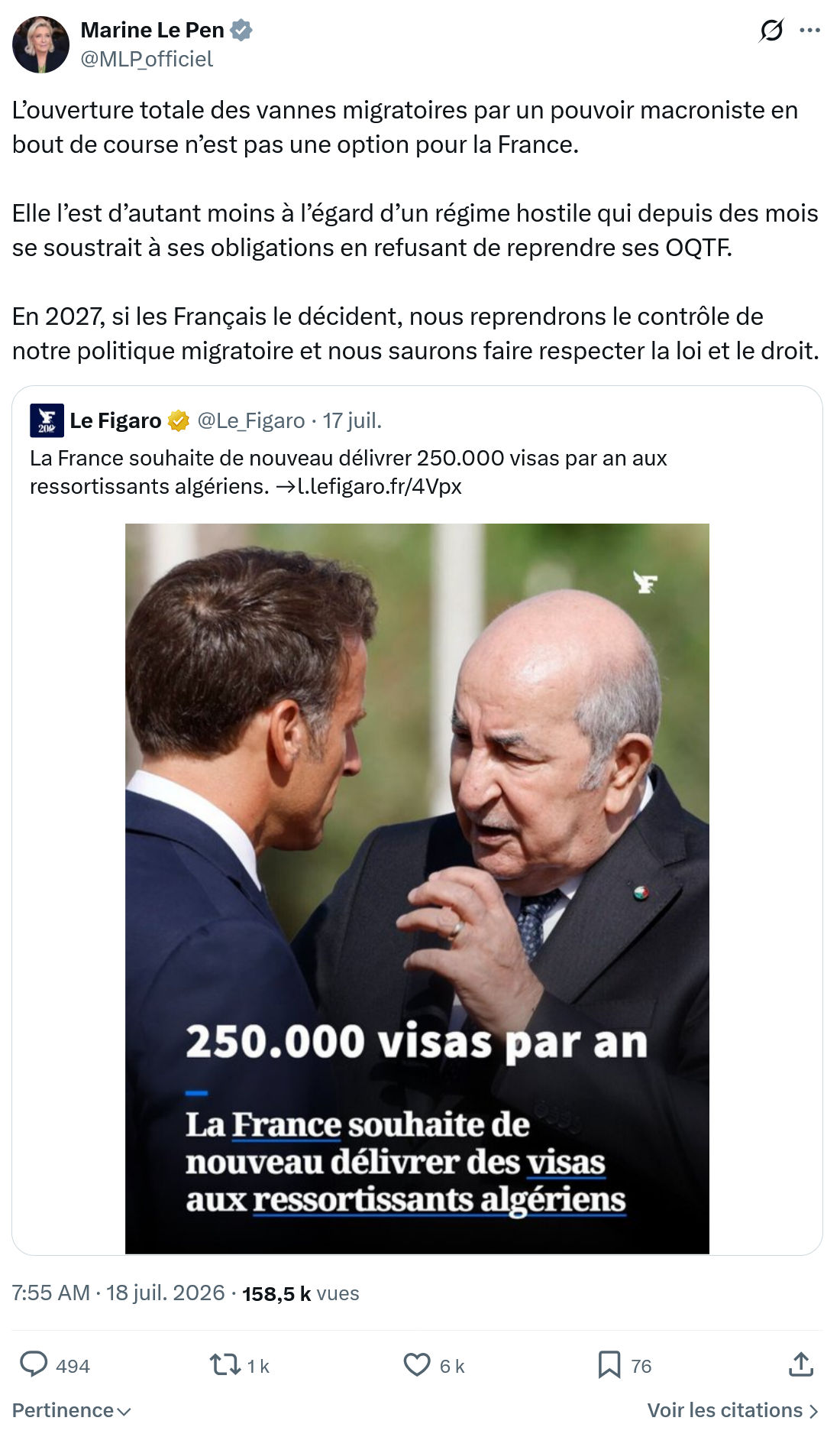 Marine Le Pen: L’ouverture totale des vannes migratoires...