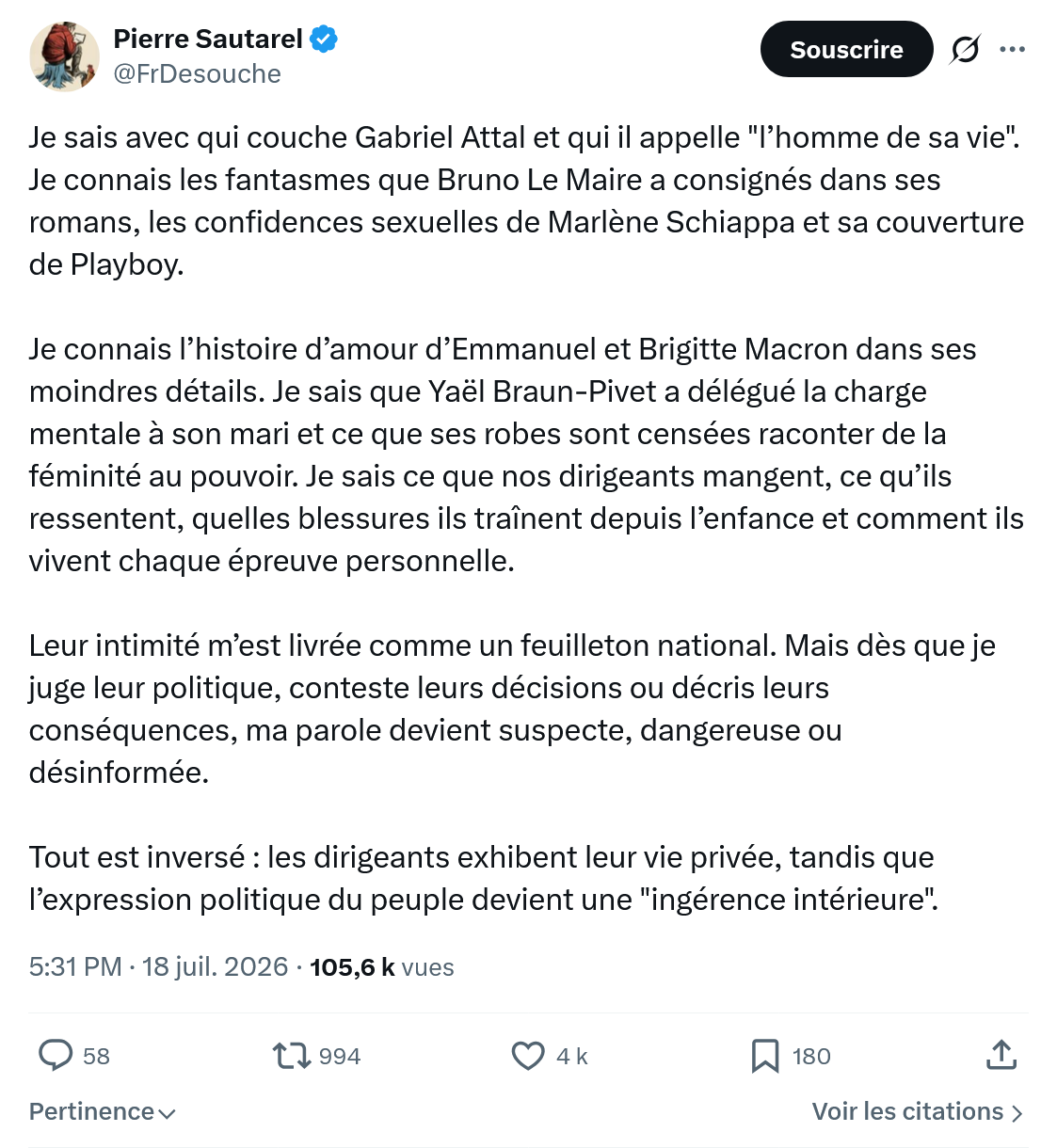 Pierre Sautarel: Je sais avec qui couche Gabriel Attal...
