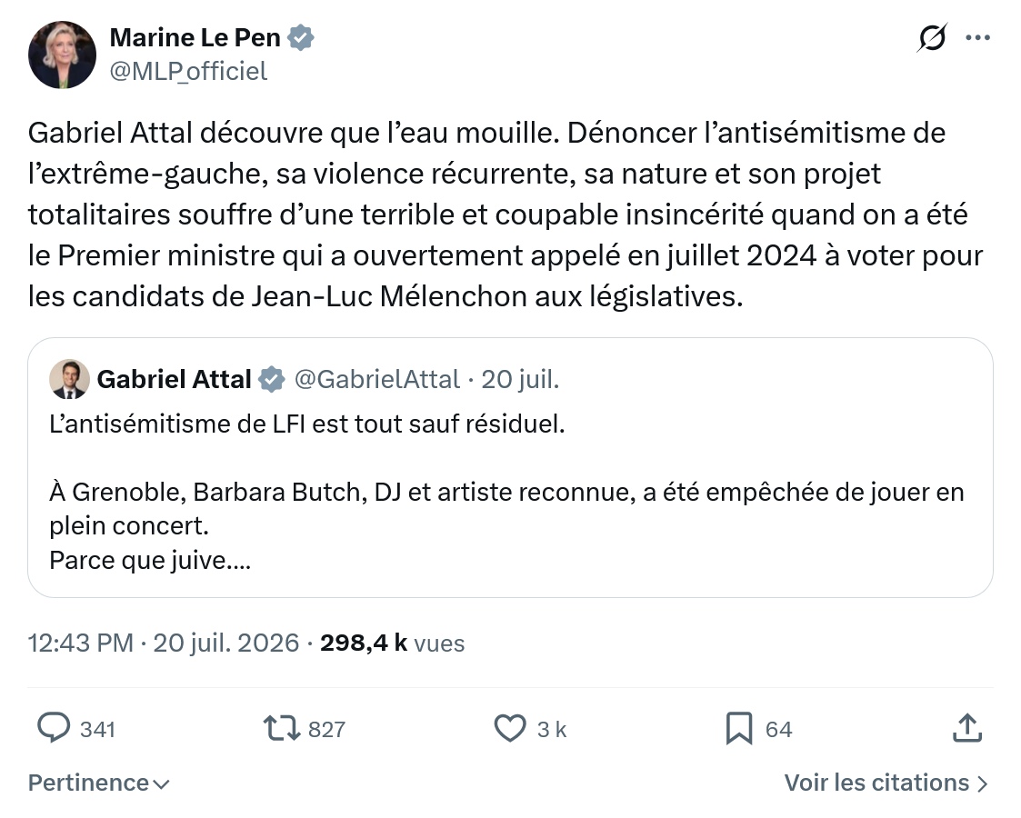 Marine Le Pen: Gabriel Attal découvre que l’eau mouille...