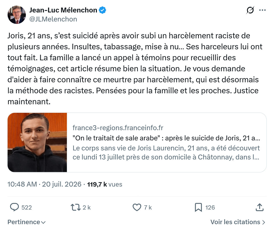 Jean-Luc Mélenchon: Joris, 21 ans, s’est suicidé après...