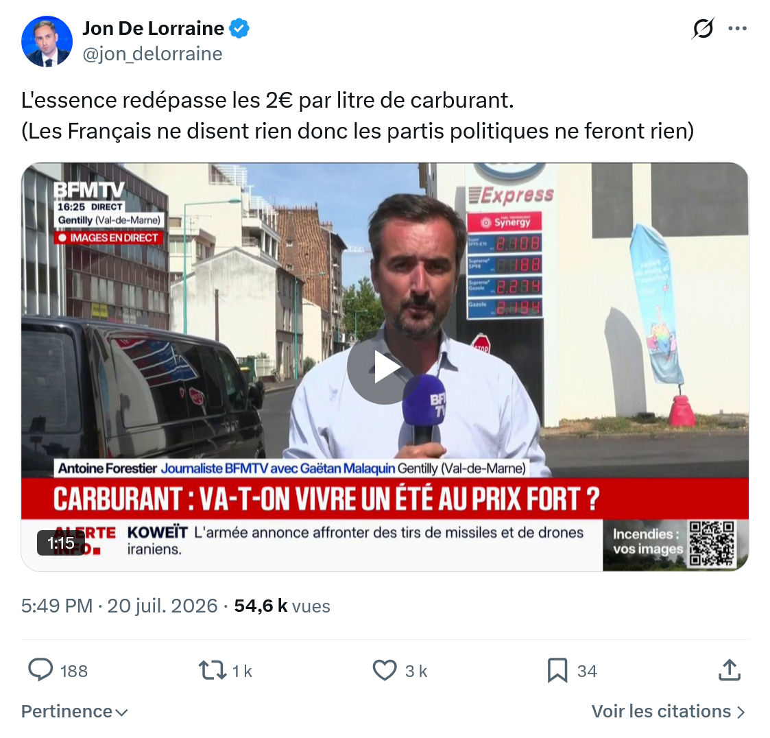 Jon De Lorraine: L'essence redépasse les 2€ par...