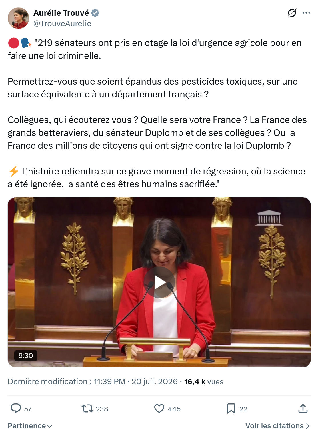 Aurélie Trouvé: 219 sénateurs ont pris en otage...