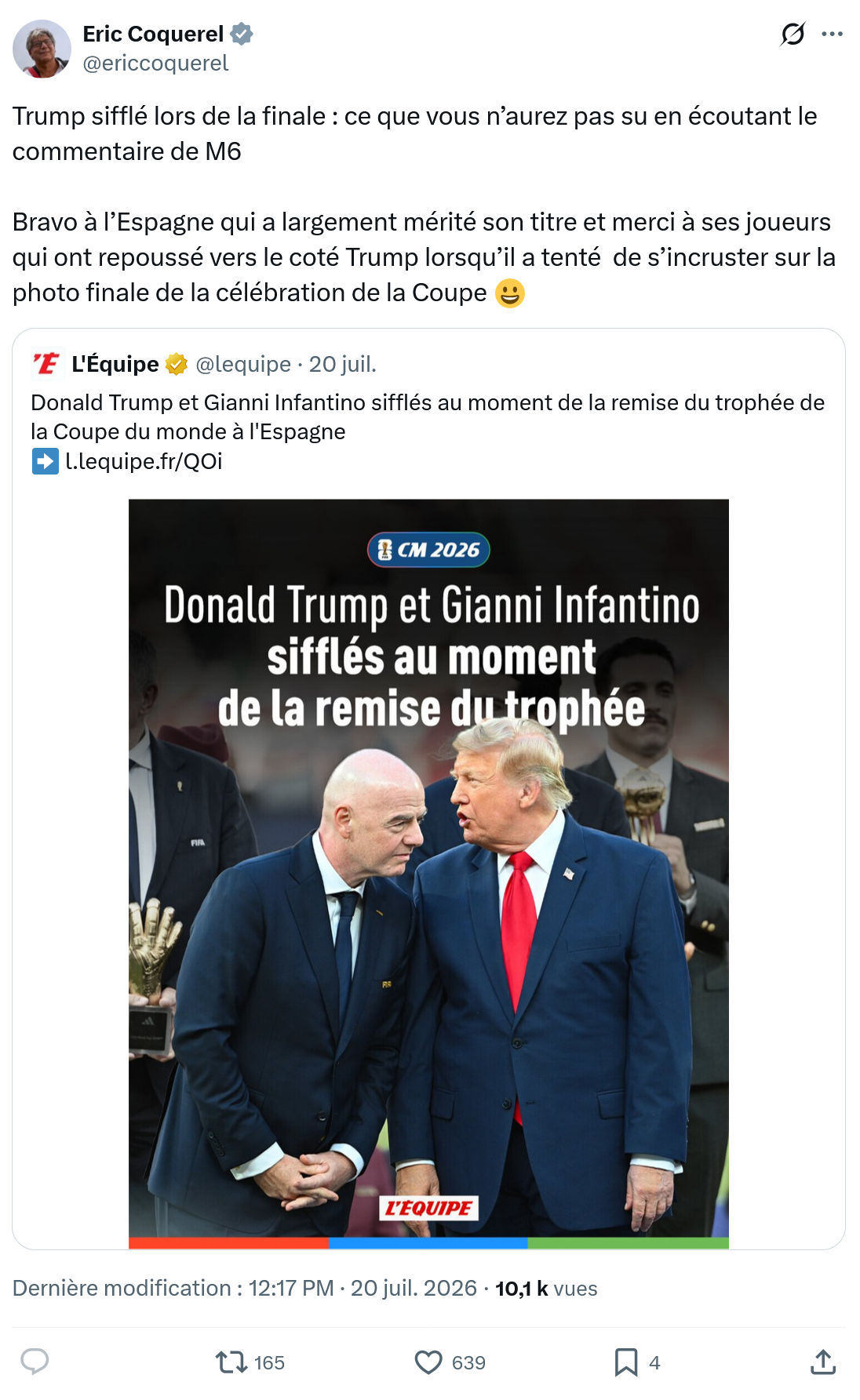 Eric Coquerel: Trump sifflé lors de la finale...