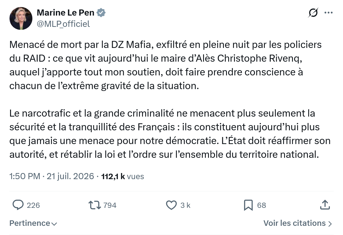 Marine Le Pen: Menacé de mort par la DZ Mafia...