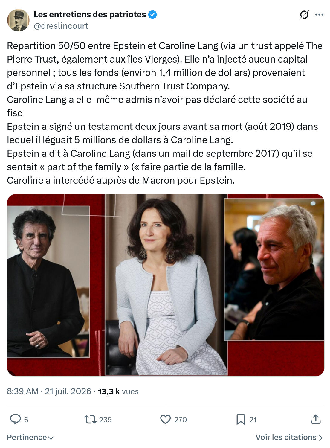 Marquis de Dreslincourt: Répartition 50/50 entre Epstein...