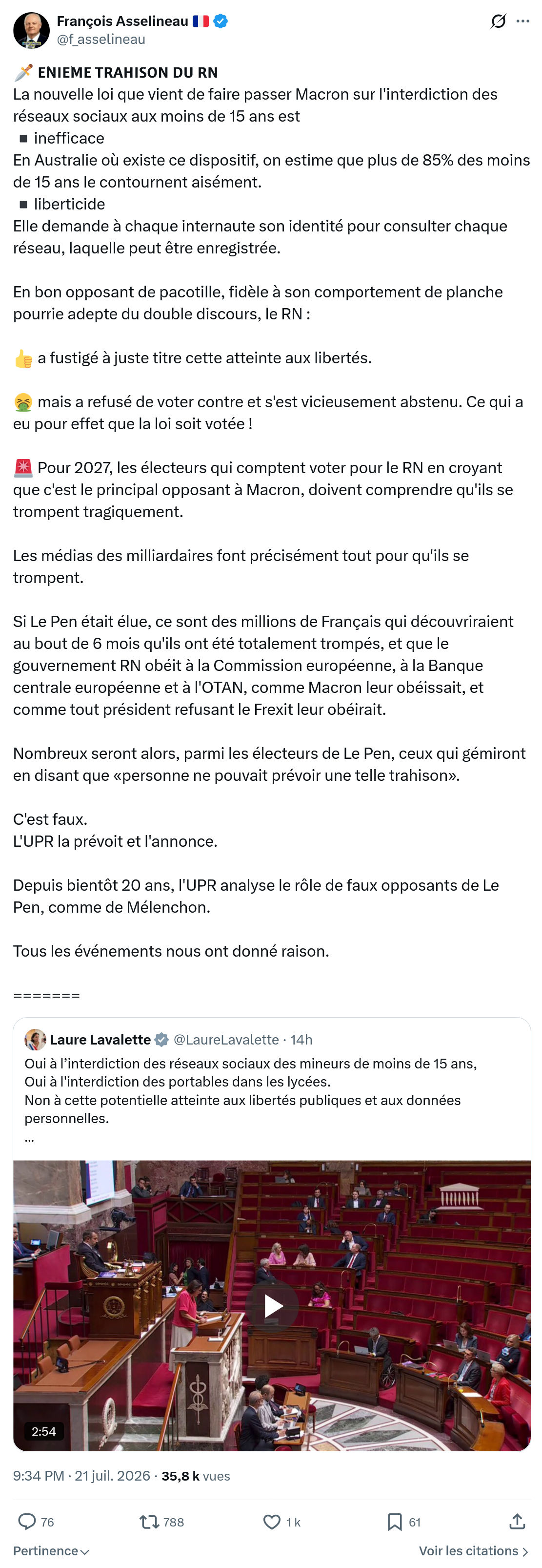 Francois Asselineau: 𝗘́𝗡𝗜𝗘̀𝗠𝗘 𝗧𝗥𝗔𝗛𝗜𝗦𝗢𝗡 𝗗𝗨 𝗥𝗡...