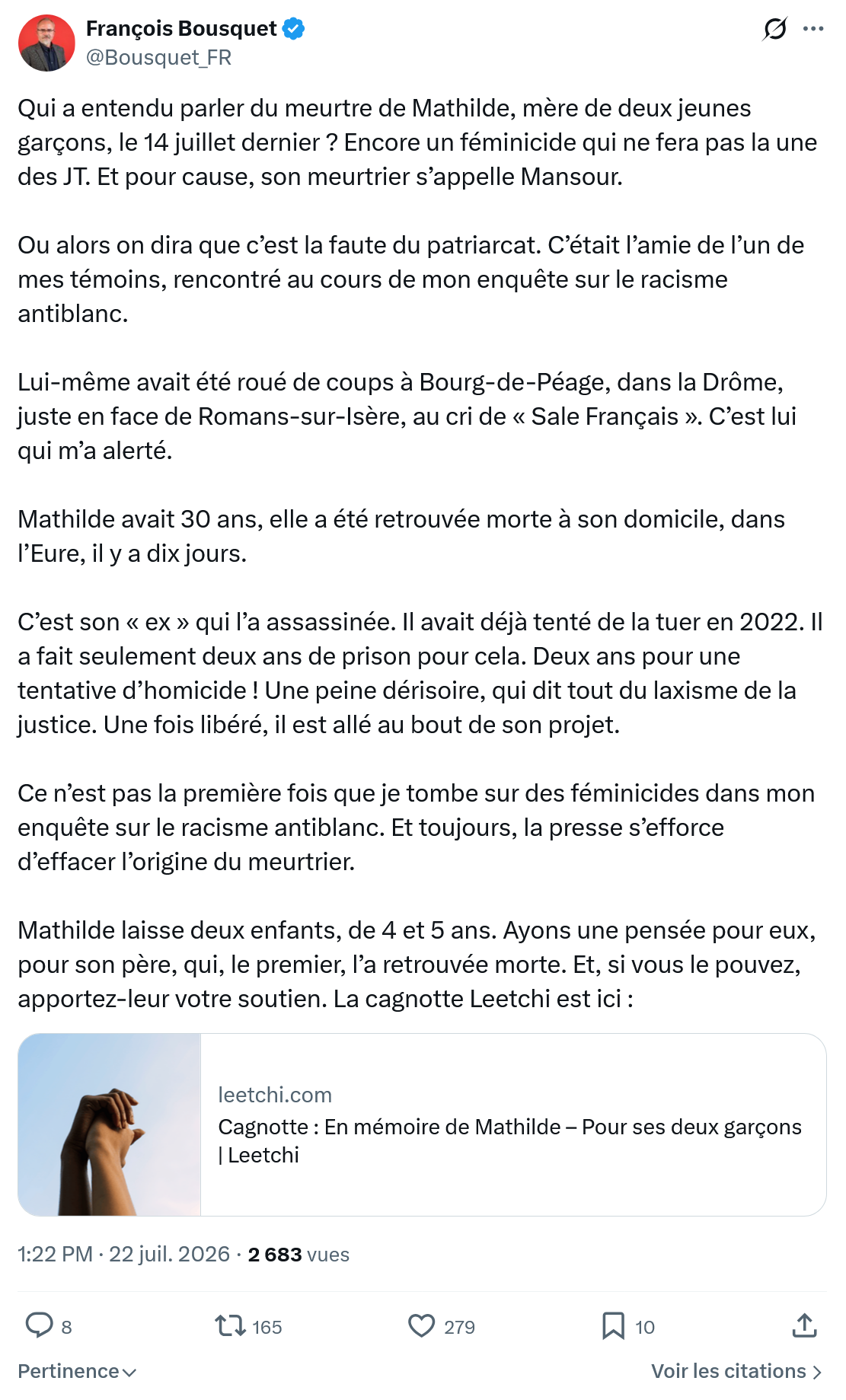 François Bousquet: Qui a entendu parler du meurtre de Mathilde...
