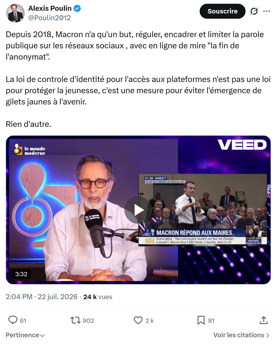 Alexis Poulin: Depuis 2018, Macron n'a qu'un but...