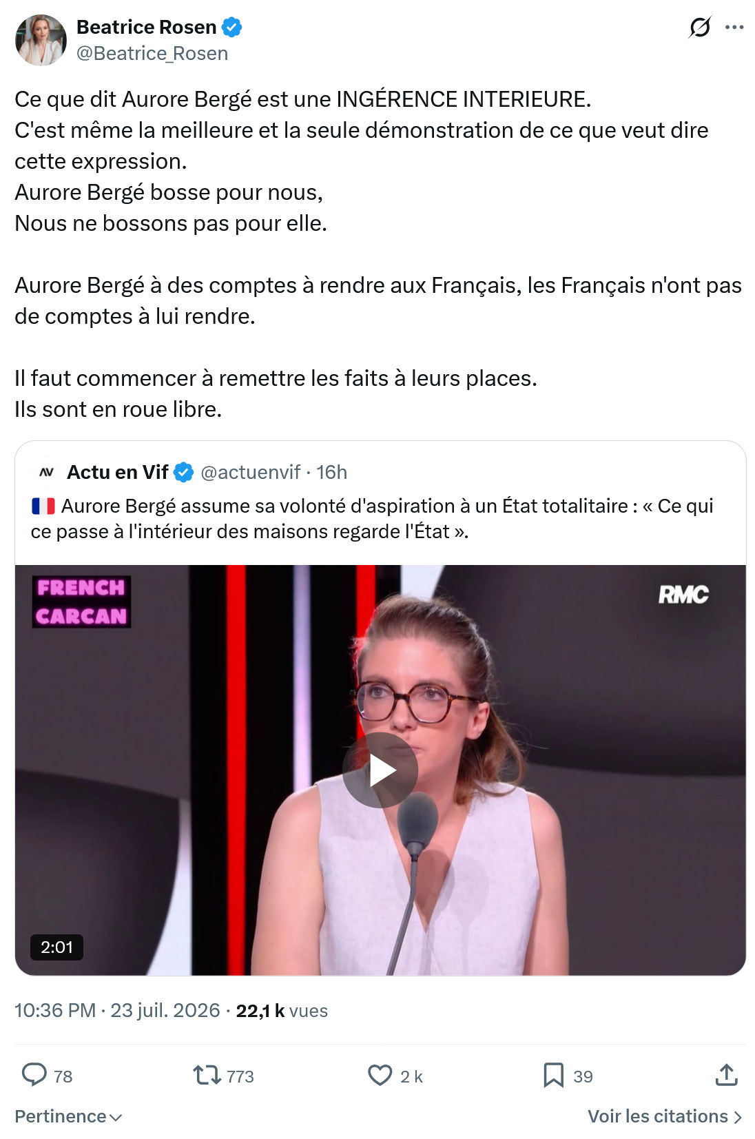 Béatrice Rosen: Ce que dit Aurore Bergé...