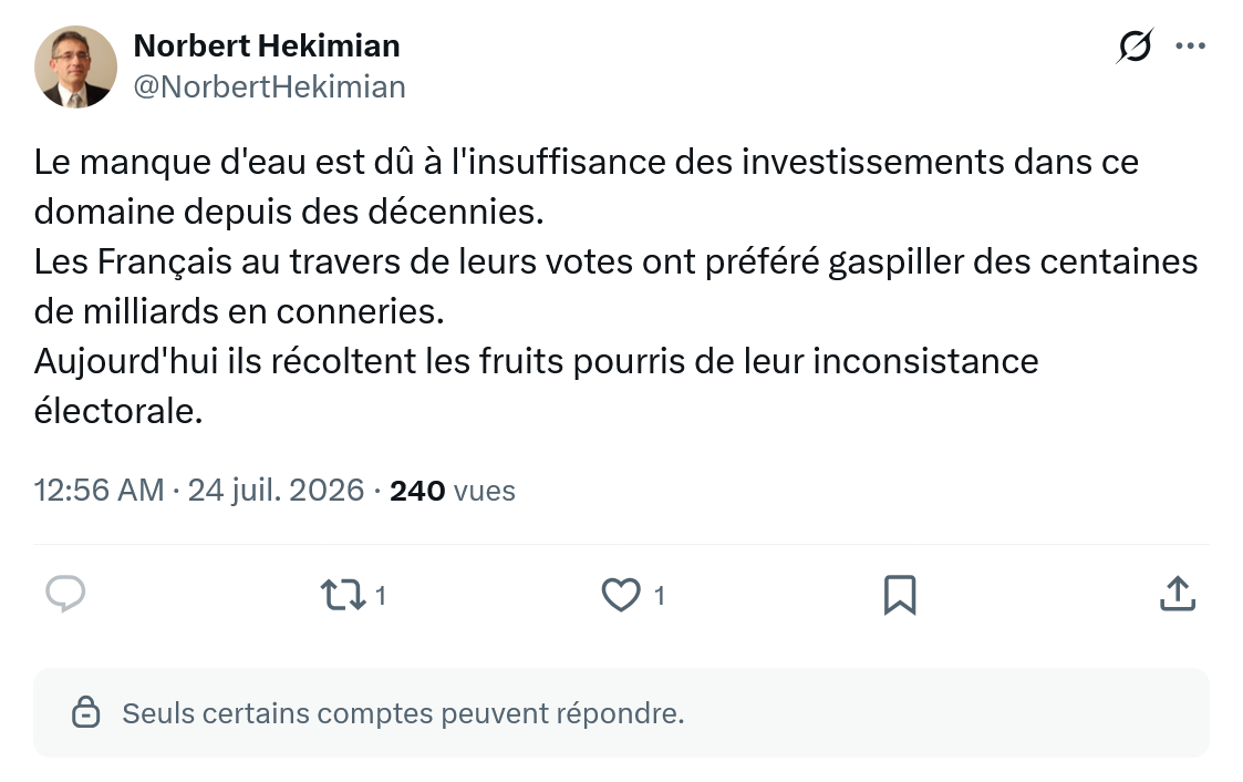 Norbert Hekimian: Le manque d'eau est dû à l'insuffisance...