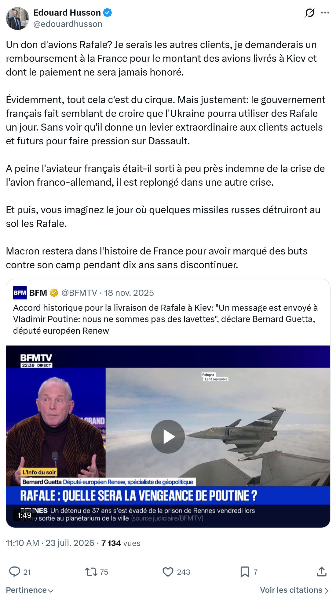 Édouard Husson: Un don d'avions Rafale?...