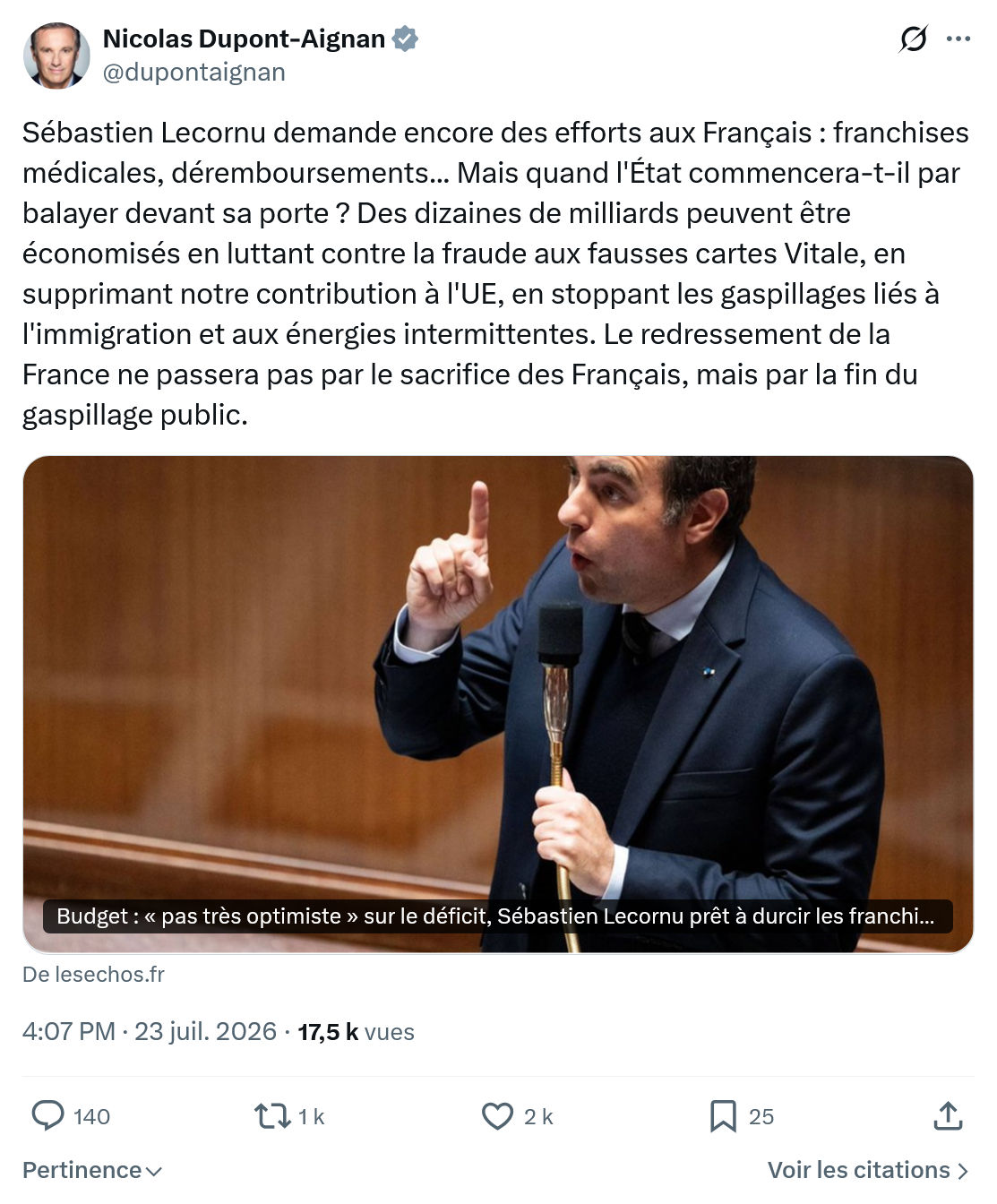 Nicolas Dupont-Aignan: Sébastien Lecornu demande...