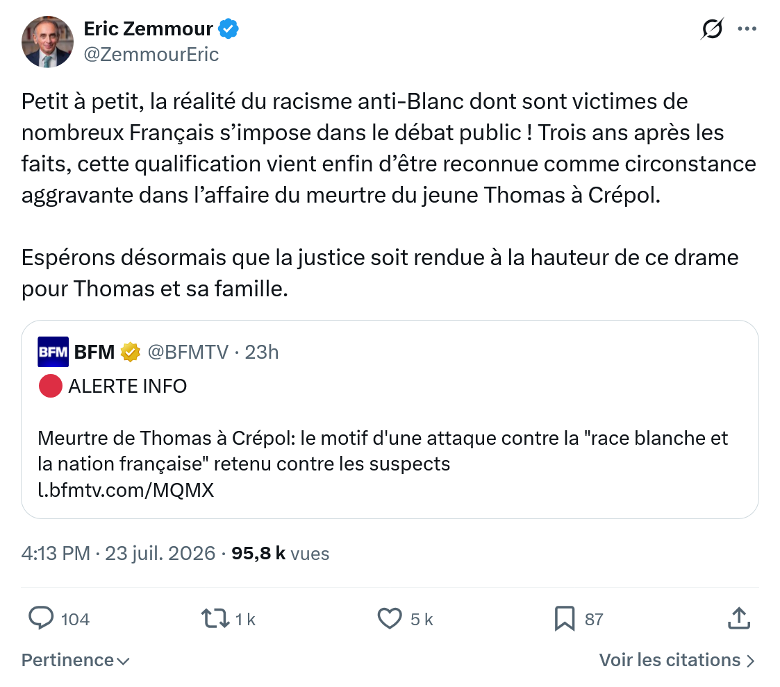 Eric Zemmour: Petit à petit, la réalité du racisme...