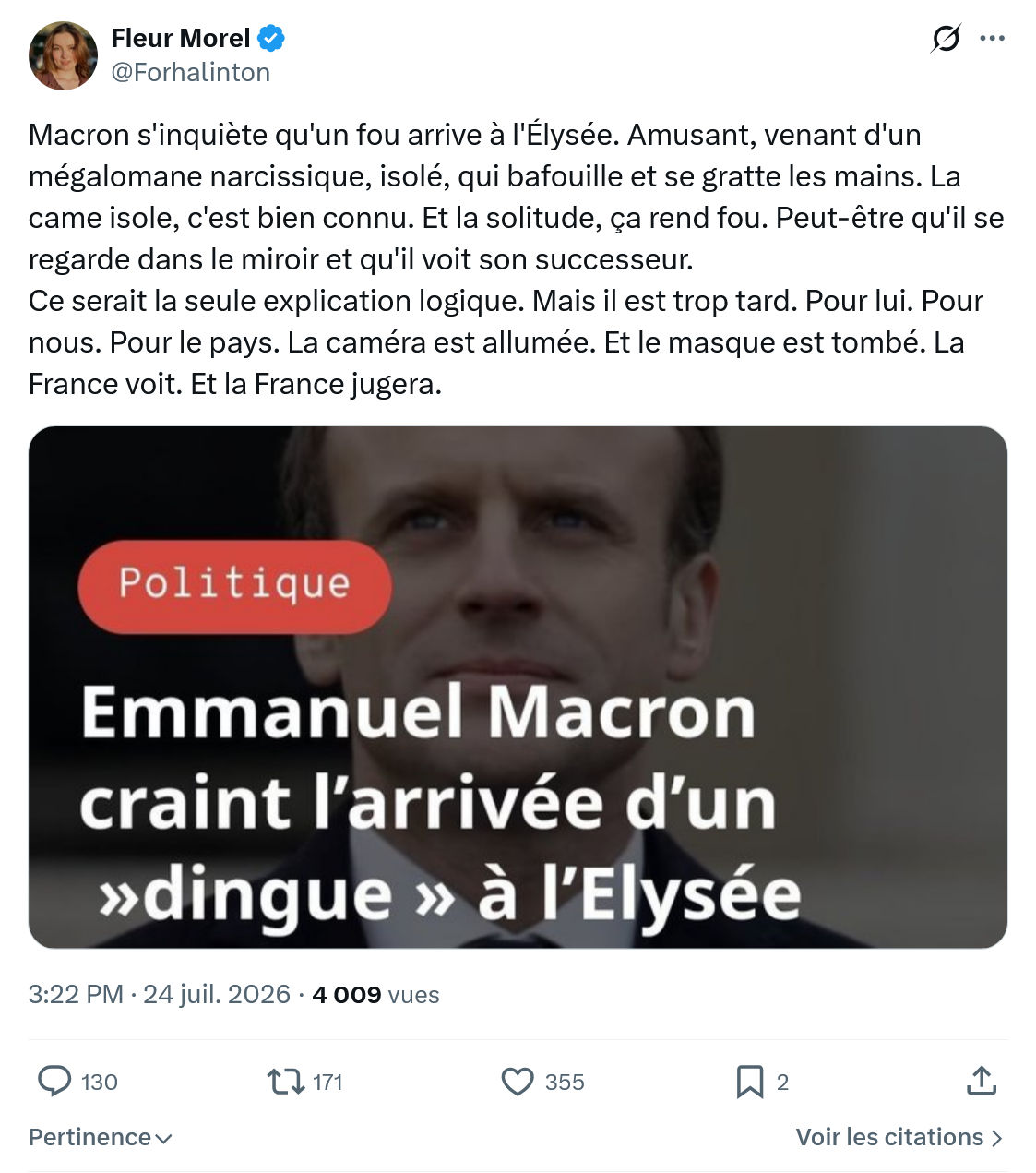 Fleur Morel: Macron s'inquiète qu'un fou arrive...