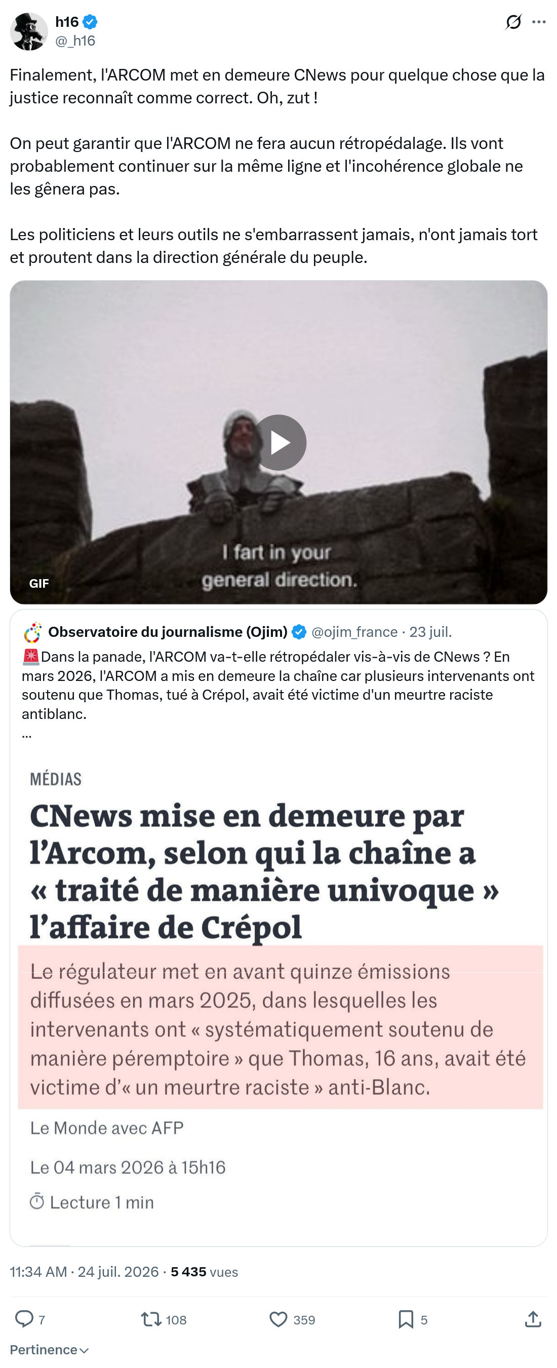 h16: Finalement, l'ARCOM met en demeure...