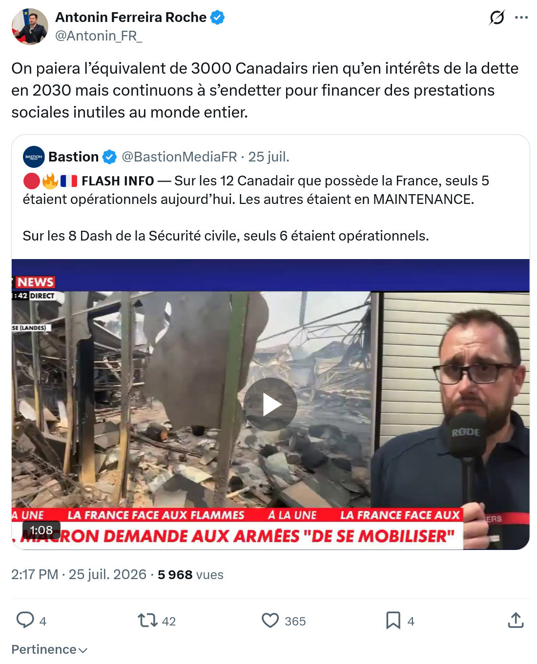 Antonin Ferreira Roche: On paiera l’équivalent de 3000 Canadairs...