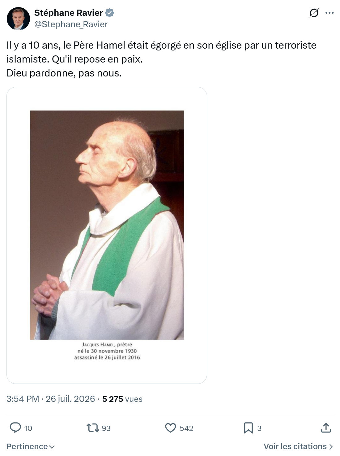 Stéphane Ravier: Il y a 10 ans, le Père Hamel était...