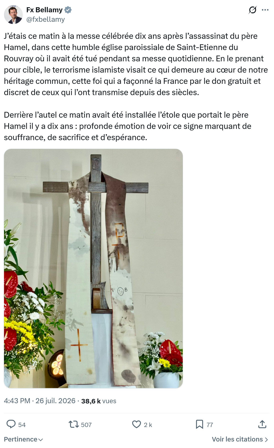 Fx Bellamy: J’étais ce matin à la messe célébrée...