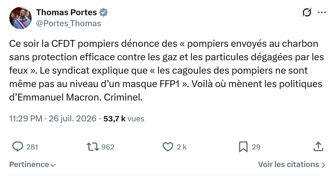 Thomas Portes: Ce soir la CFDT pompiers dénonce...