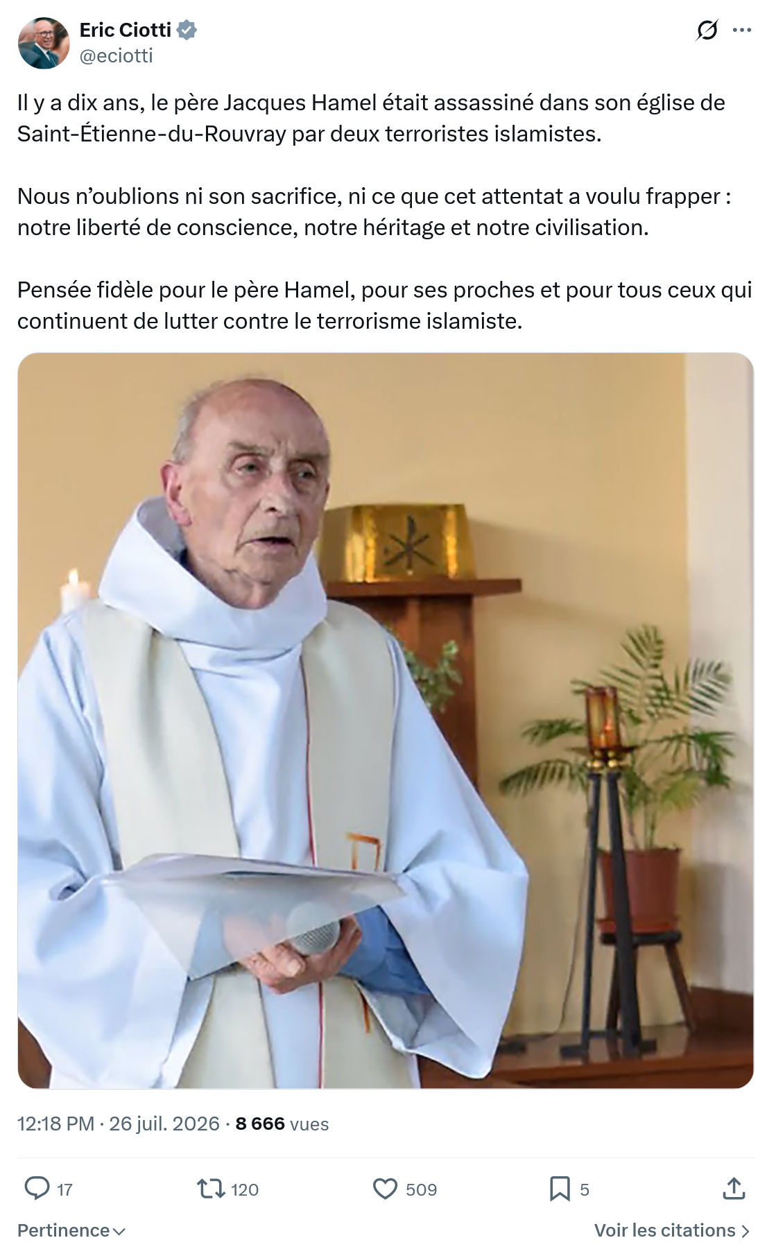 Éric Ciotti: Il y a dix ans, le père Jacques Hamel...