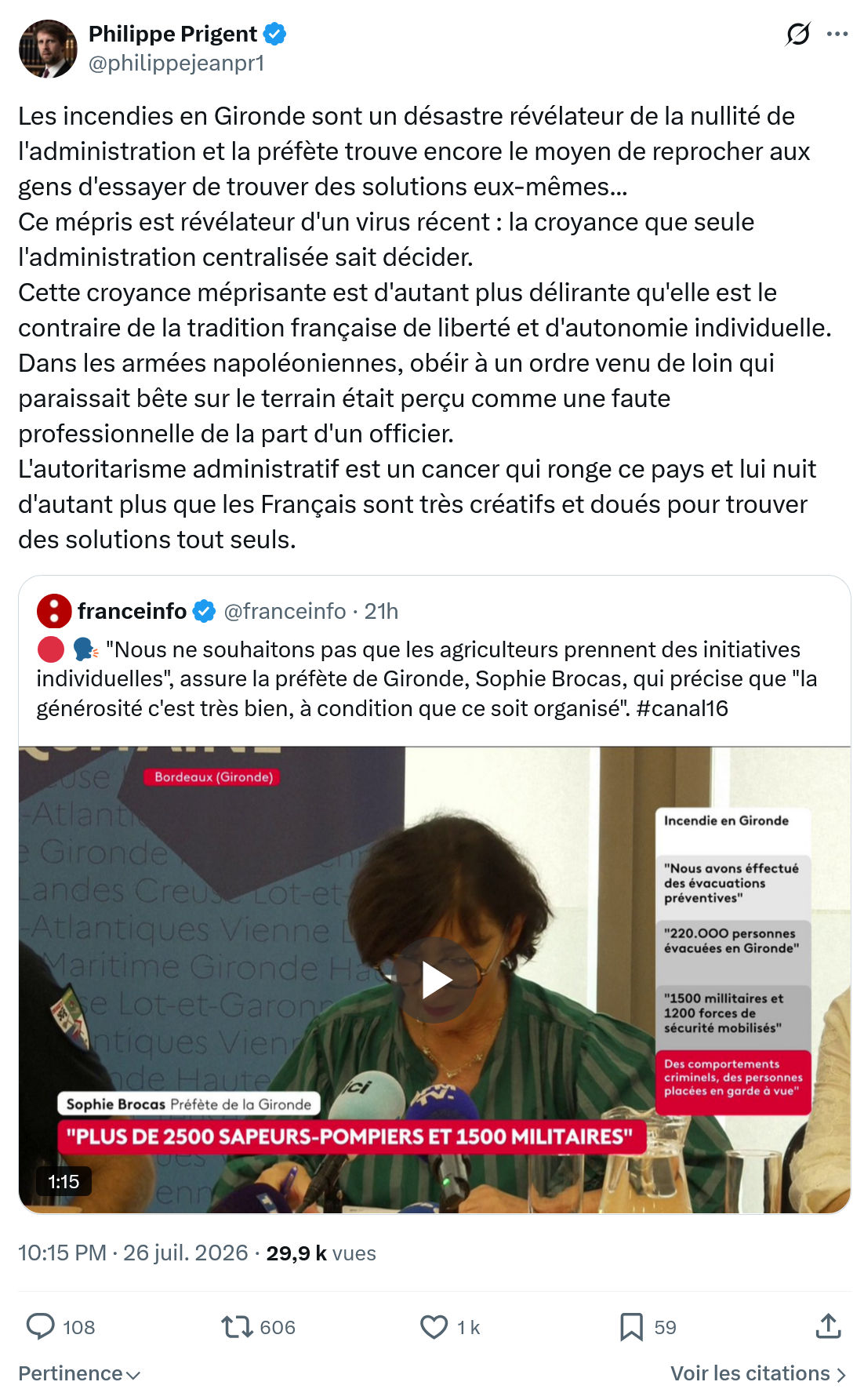 Philippe Prigent: Les incendies en Gironde sont...