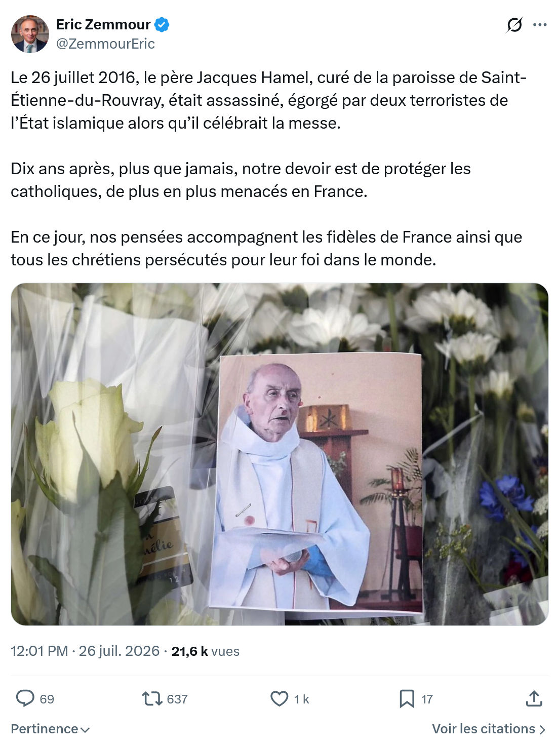 Eric Zemmour: Le 26 juillet 2016, le père Jacques Hamel...