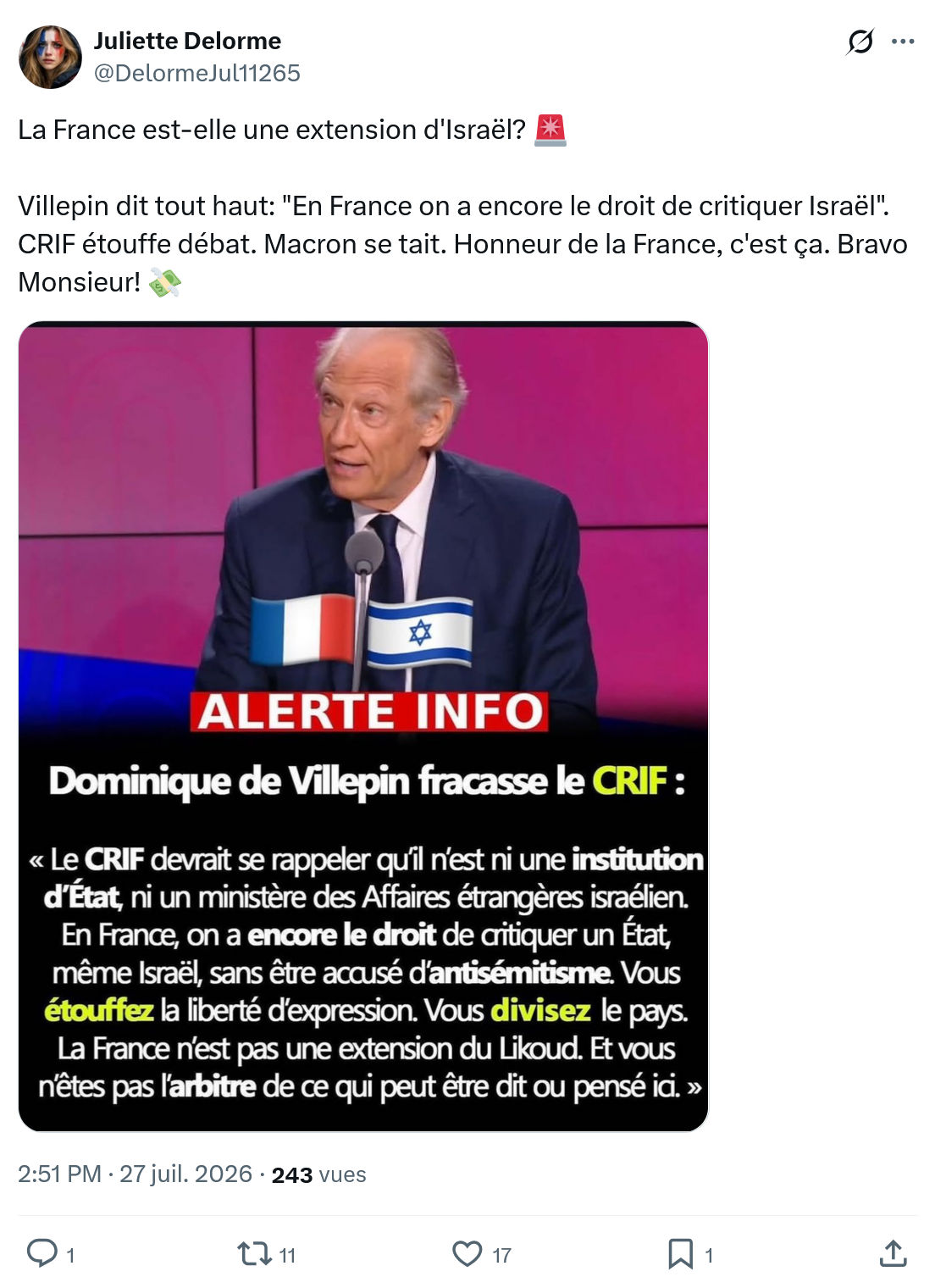 Juliette Delorme: La France est-elle une extension d'Israël?...