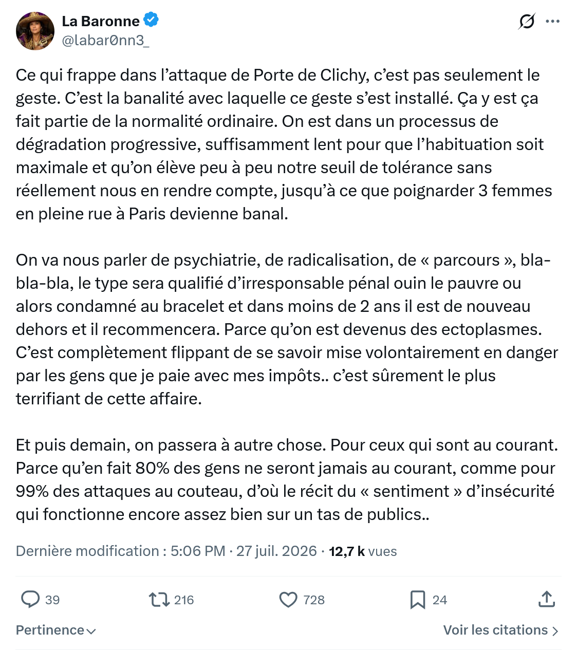 La Baronne: Ce qui frappe dans l’attaque...
